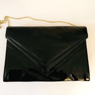 Vintage Patent Leather Envelope Clutch Chainlink Handle Ande' Handbag Purse Shoulder Bag 1990's Faux Snake Skin Trimmed Ladies Accessories 