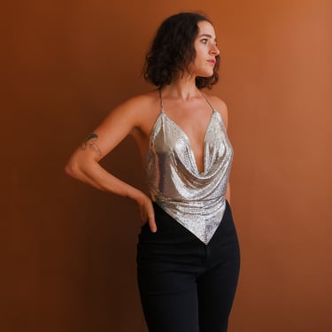Vintage 70s Whiting and Davis Silver Mesh Halter Top/ 1970s Metallic Backless Scarf Top/ Studio 54 