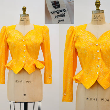 80s 90s Vintage Emanuel Ungaro Yellow Polkadot Cotton Jacket Yellow Polka Dot XS Small // 80s 90s Vintage Designer Yellow Jacket with Peplum 