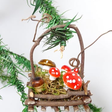 Vintage German  Twig Basket of Spun Cotton Mushrooms Christmas Tree Ornament, Antique Hand Painted Feather Tree Decor, Germany 