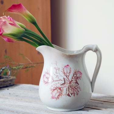 Antique ironstone pitcher / 1900s English floral ironstone water jug / white farmhouse decor / rustic farmhouse / English country cottage 