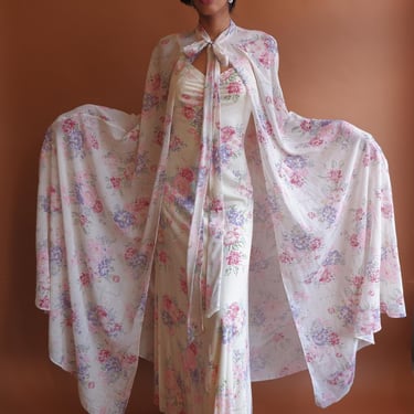 Vintage 70s Maxi Dress and Cape/ 1970s Cotton Voile Floral Gown/ Size Small 