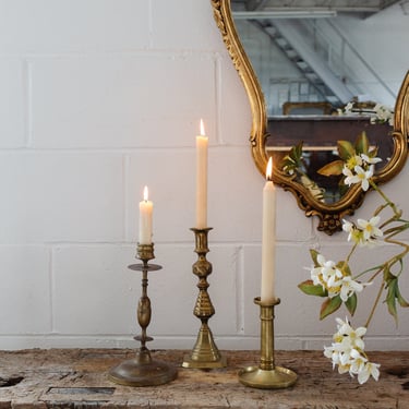 eclectic set of 3 vintage brass candlesticks