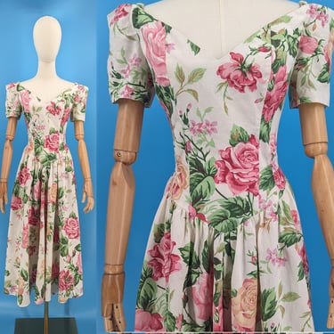Vintage 80s EXPO Rose Print Cotton Off the Shoulder Fit and Flare Full Dress - Size 4 Small 