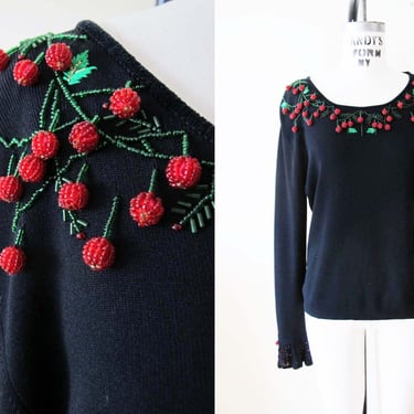 Vintage 2000s Black Beaded Cherry Knit Long Sleeve Top M L  - Y2K Scoop Neck Ruffle Cuff Fruit Bead Shirt - Tomato Girl 