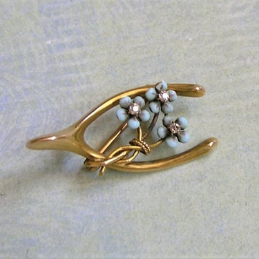 Antique 14K Gold, Diamond and Flower Wishbone Pin, Old 14K Flower and Wishbone Pin, Antique 14K Gold Wishbone Pin (#4041) 