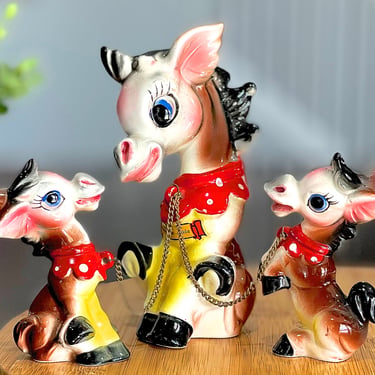 VINTAGE: Ceramic Chained Donkey Family - By Artmark, JAPAN - Turner Falls, Okla Souvenir - Chained Donkey Set - Made in Japan - SKU 00035421 