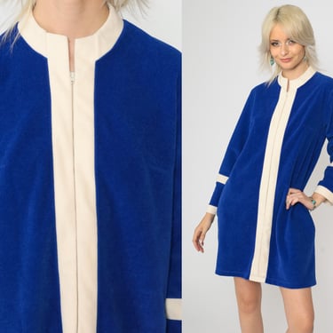 70s Velour Robe Dress Vanity Fair Mini Royal Blue Stripe Lounge Pajama Long Sleeve 1970s Front Zip Loungewear Vintage Medium 