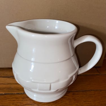 Woven Traditions Ivory by LONGABERGER Handled Water Pitcher~ Farmhouse Style Embossed Urn ~ collectible pottery ~ Kitchen Untensil  Holder 