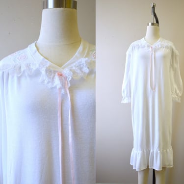 1980s White Sweatshirt Night Gown with Lace and Rose Appliques 
