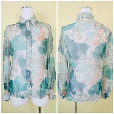 1970s Vintage Hathaway Patch Sheer Floral Blouse / 70s Teal and Cream Flower Print Button Up shirt / Medium 