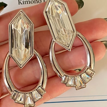 80s Designer YSL Runway Couture Huge Silver Crystal Earrings