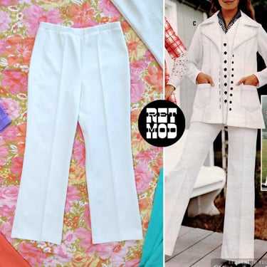 Retro Vintage 60s 70s White Textured Stripe Polyester Pants 