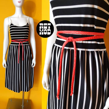 Stretchy Vintage 70s 80s Black White Stripe Sun Dress 