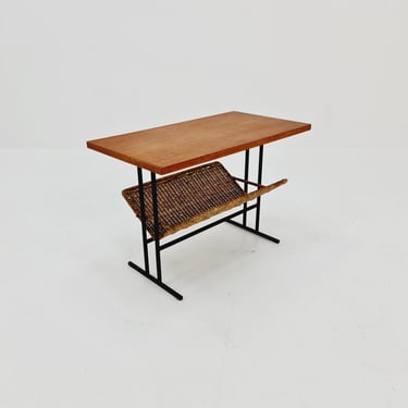 Danish Mid Century Teak Rattan Side Table Magazine Rack, 1960s 