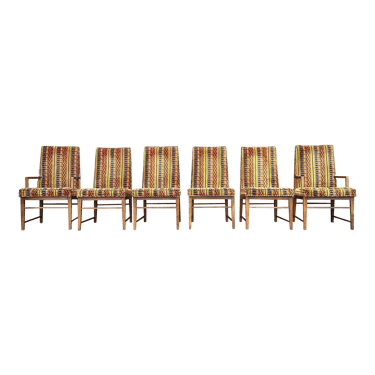 Set of 6 Walnut Founders Dining Chairs in Possible Jack Lenor Larsen Fabric