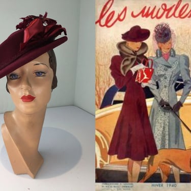 Fashionable Dog Walkers - Vintage 1930s 1940s Betty Co Burgundy Wine Wool Felt Slanted Sailor Hat 