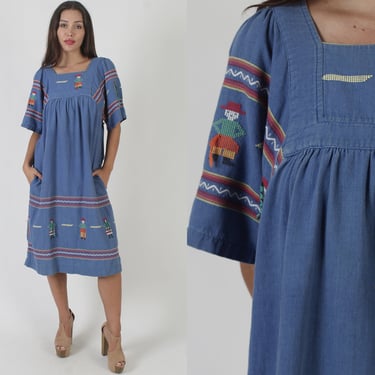 Royal Blue Guatemalan Tent Dress / Aztec Print Bell Sleeves / Vintage Cotton Mexican Villager Print / Embroidered Woven Pockets Midi 