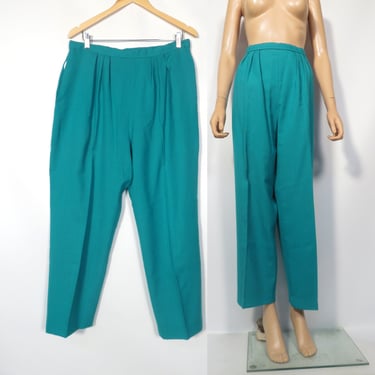 Vintage 80s Teal Pleat Front Linen Feel Trousers Size 34 x 28 