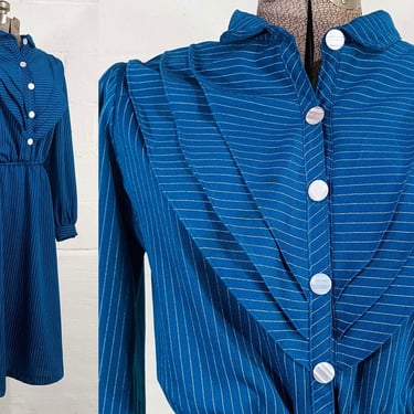 Vintage Deep Teal Blue Dress White Pinstripe Long Sleeve Sleeves Elastic Waist Belt Lagoon Fit and Flare Shirtdress XXL XL 1980s 1970s 