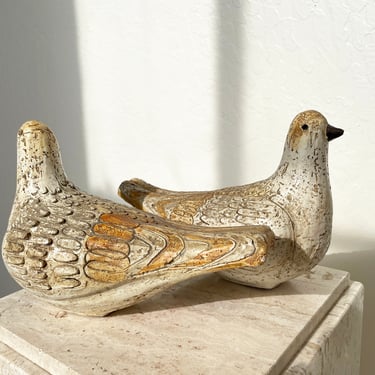 Pair Bitossi Doves Sgraffito Aldo Londi Italian Mid Century Modern Ceramic Birds Pigeons 