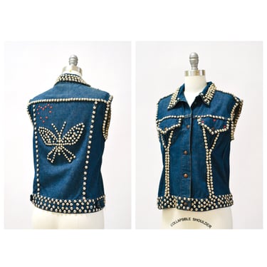 70s Vintage Denim Vest with Studded Silver Butterfly and Stars Size Small Wrangler 70s Studded Grommet Metallic Denim Jean Vest Jacket Small 