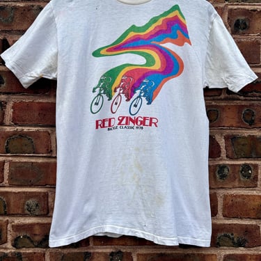 Vintage 70s 1978 Red Zinger Bicycle Classic Rainbow Trippy Bike T Shirt Tee Small Medium Distressed by TimeBa