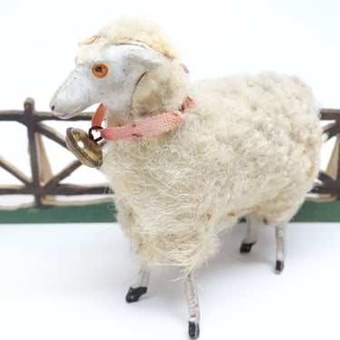 Antique 1930's German 3 1/4 Inch Wooly Sheep with Bell, for Putz or Christmas Nativity 