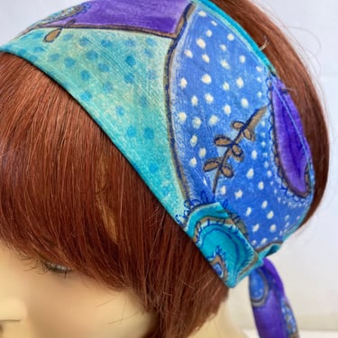 60’s 70’s silk scarf head scarves neckerchief bow~ 100% silk groovy tie dyed batik paisley print Indian turquoise purple 