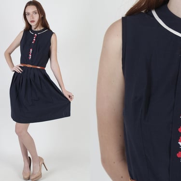 Vintage 50s Navy Cotton Dress / 1950s Floral Embroidered Dress / Womens Nautical Lawn Party Outfit 