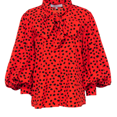 Hunter Bell - Red w/ Black Spotted Print Tie Neck Button Front Top Sz L