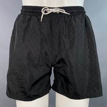 LOUIS VUITTON Size M Black Logo Nylon Drawstring Swim Trunks
