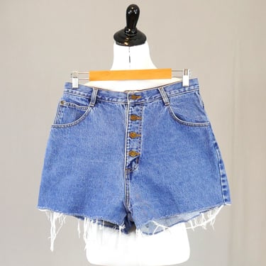 90s Falls Creek Cut Offs - 29" or snug 30" waist - Button Fly, High Rise - Blue Cotton Denim Jean Shorts - Vintage 1990s - M 