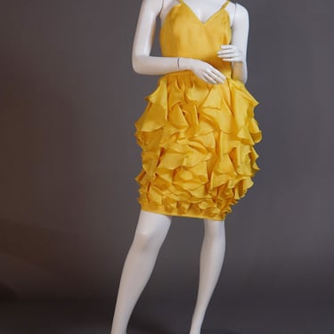 Emanuel Ungaro Parallèle Paris yellow silk brocade dress with ruffled skirt and bow detail 