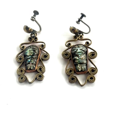 Vintage Mexico Copper Earrings,  Scrollwork Vintage Earrings, Copper Abalone Stamped MEXICO Earrings, Custom Aztec Earrings, 1960s Earrings 