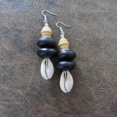 Bold chunky cowrie shell and black wooden earrings 