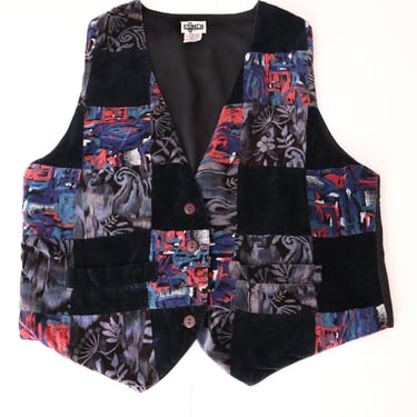 Cotton Velvet Vest, Vintage 1980's Black Patchwork Abstract Pucci style, print, Medium, Vest Jacket 