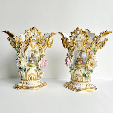 Fine Pair of Antique Paris Porcelain Vases Genre Scenes 19th C French Signed JD 