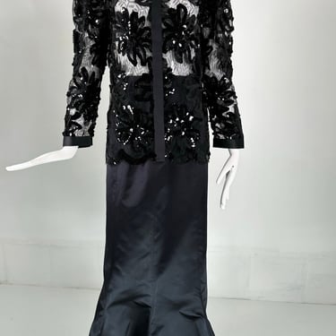 Adolfo Black Silk Sequins &amp; Lace Jacket with Matching Mermaid Hem Skirt 1970s