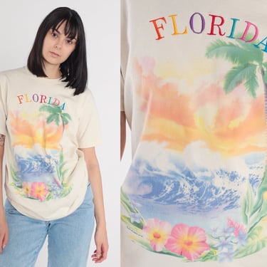 Florida T-Shirt 90s Beach Shirt Tropical Floral Palm Tree Graphic Tee Fl State Tourist Travel Embroidered Single Stitch Vintage 1990s Medium 