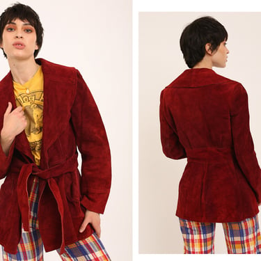 Vintage 1970s Vermillion Crimson Red Suede Leather Woodstock Era Wrap Coat Jacket w/ Rounded Collar 