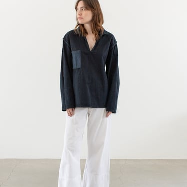 Vintage Dark Blue Contrast Pocket Sailor Shirt | Unisex Navy Cotton Long sleeve Popover Pullover | Middy | M L 