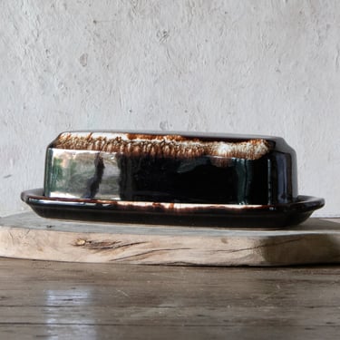 Vintage Butter Dish, Brown Drip Pottery Butter Dish with Lid 