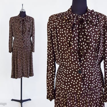 1940s Brown Polka Dot Rayon Dress & Jacket Set | 40s Brown Polka Dot Dress Set | Helen Montgomery Seattle | Small 