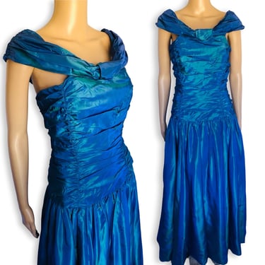 Vintage 1980's Aqua Blue Sharkskin Taffeta Pleated Cocktail Party Mermaid Dress / Gown by Laura Ashley - size Small XS 