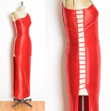 vintage 90s prom dress red satin wet look open sides cut out one shoulder raver XS clothing 
