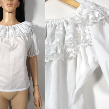 Vintage 80s White Frilly Lacey Elastic Collar Square Dance Top Made In USA Size M up to XL 