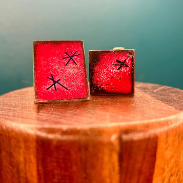 Mid Century Enameled Copper Cuff Links Red Blue Asterisk Vintage Retro Jewelry 