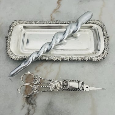 Antique Wick Scissor and Candle Snuffer with Tray, Silver Plated Georgian style Shells and Crown detail 1800s home decor victorian gift rare 