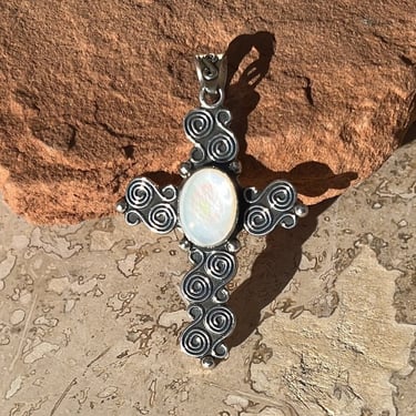 Vintage Mexican Sterling Silver and Opulent Mother of Pearl Cross Pendant 